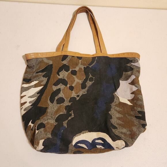 Lacoste Crocodile Cotton Linen Blend Brown Blue Tote Bag Leather Straps Purse - Picture 1 of 10